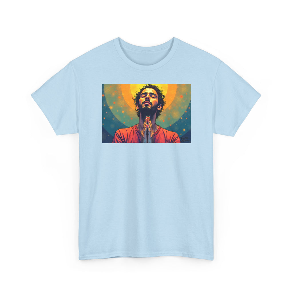 Praying Man - Serenity in Cosmic Light - T-Shirt | Religious Inspirational Tee, Prayer Artwork