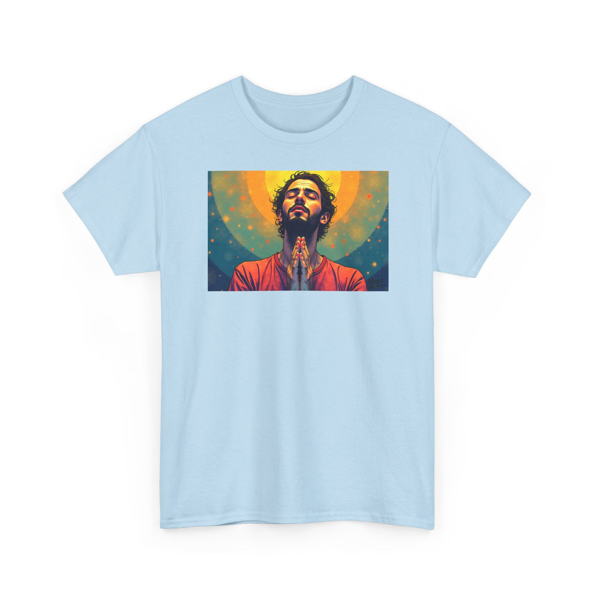 Praying Man - Serenity in Cosmic Light - T-Shirt | Religious Inspirational Tee, Prayer Artwork