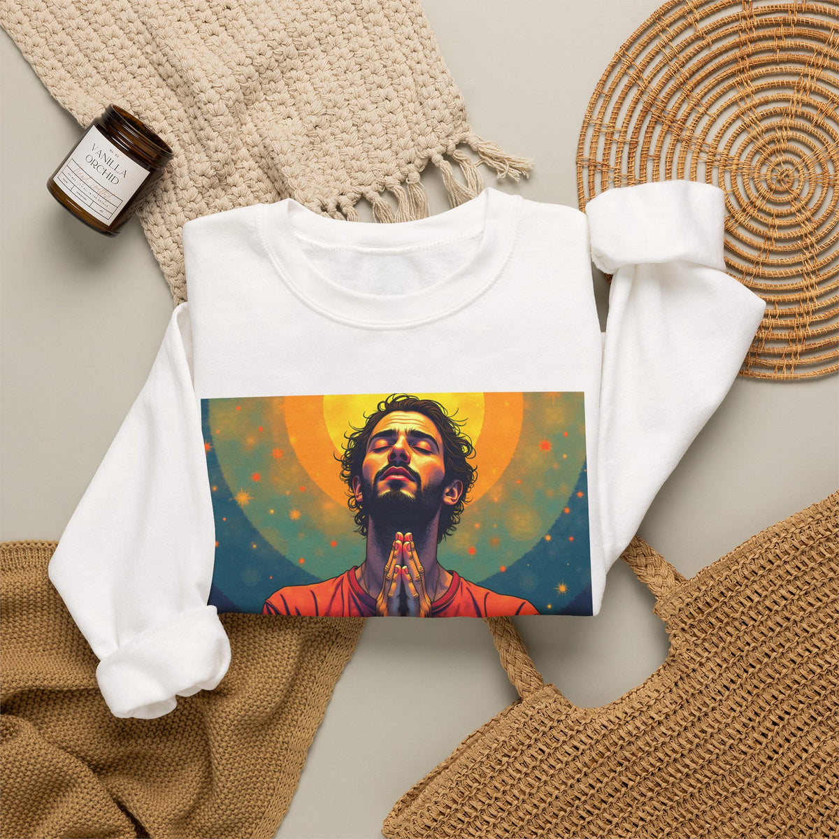 Praying Man - Serenity in Cosmic Light | Crewneck Sweatshirt | Christian Art | Faith-Inspired