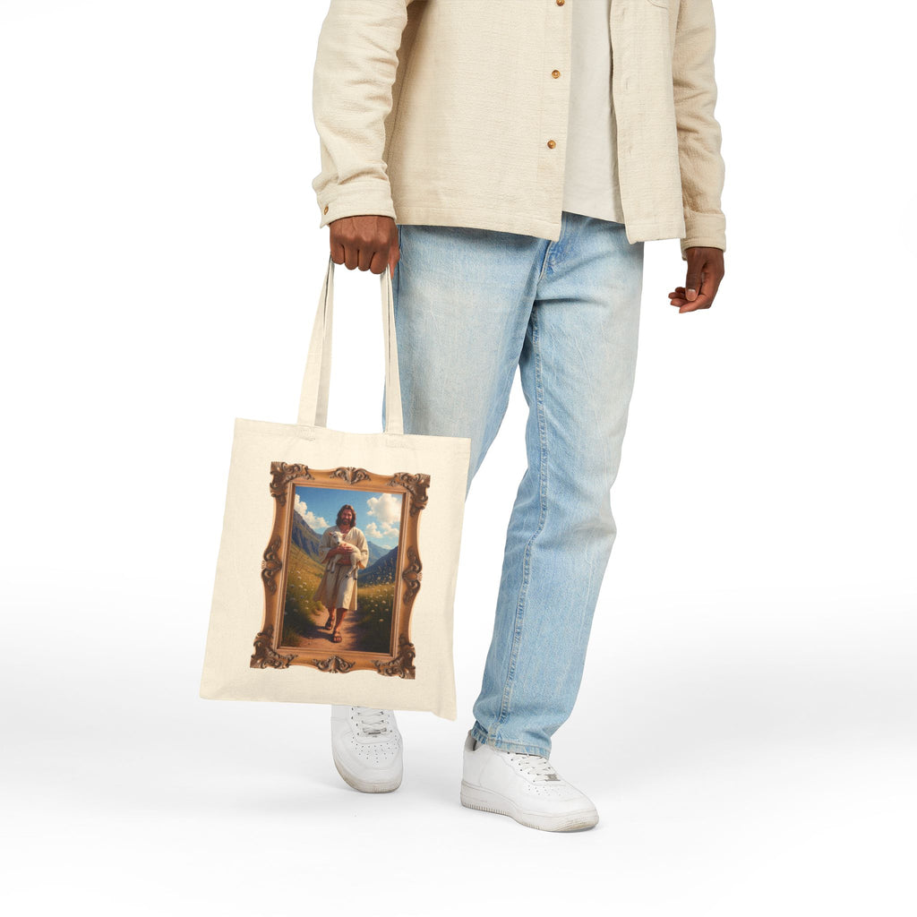 Jesus Carrying the Little Lamb - Framed - Canvas Tote Bag - The Good Shepherd Christian Art