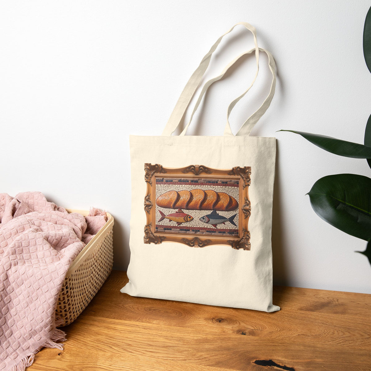 Five Loaves and Two Fish Mosaic - Framed - Canvas Tote Bag - Roman-Era-Inspired Christian Art