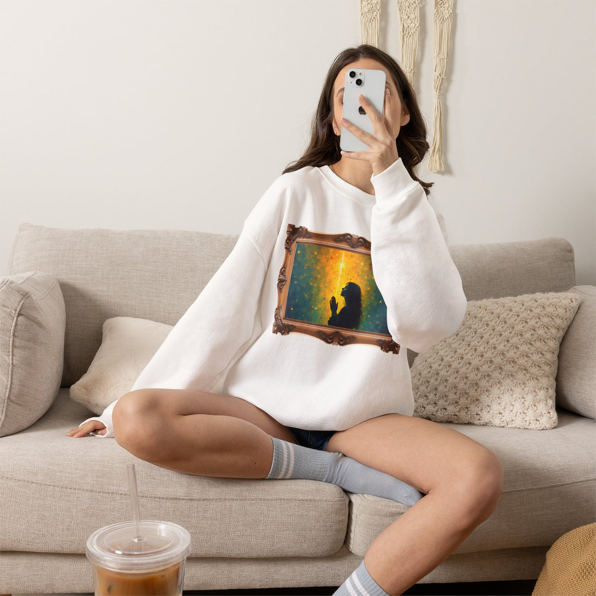 Woman in Prayer Under Magical Light - Framed - Crewneck Sweatshirt | Prayer Shirt