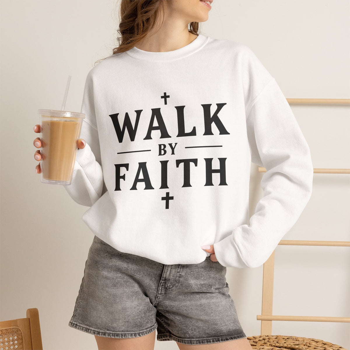 Walk by Faith Crosses Design - Crewneck Sweatshirt | Bible Art | 2 Corinthians 5:7