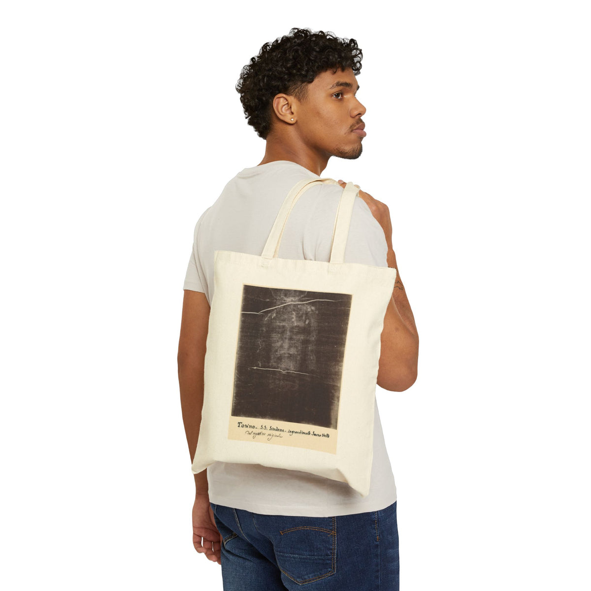 The Holy Face of Jesus - Shroud of Turin 1898 - Canvas Tote Bag - Secondo Pia Historic Photographic Negative - Vintage Christian Art