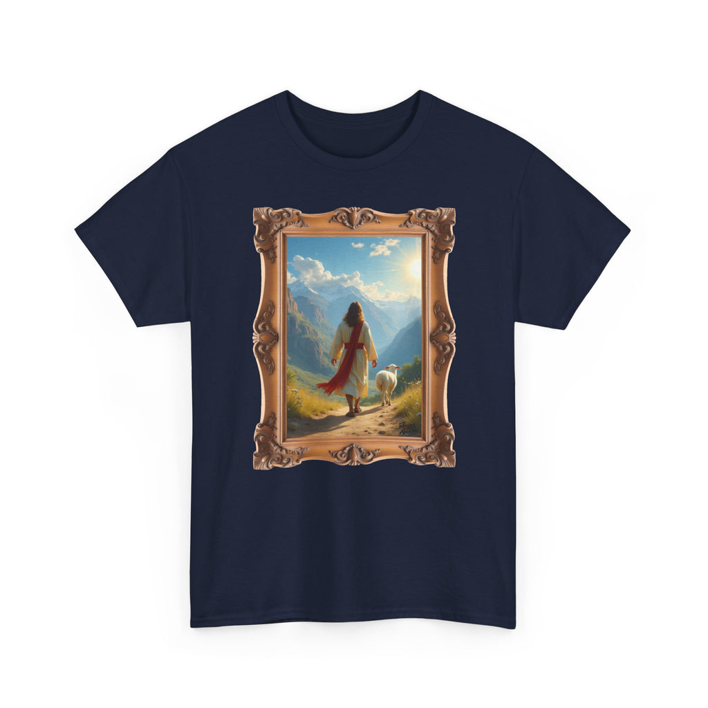 Jesus and the Lost Lamb - Framed - T-Shirt | Religious Inspirational Tee, Jesus in Bible Artwork