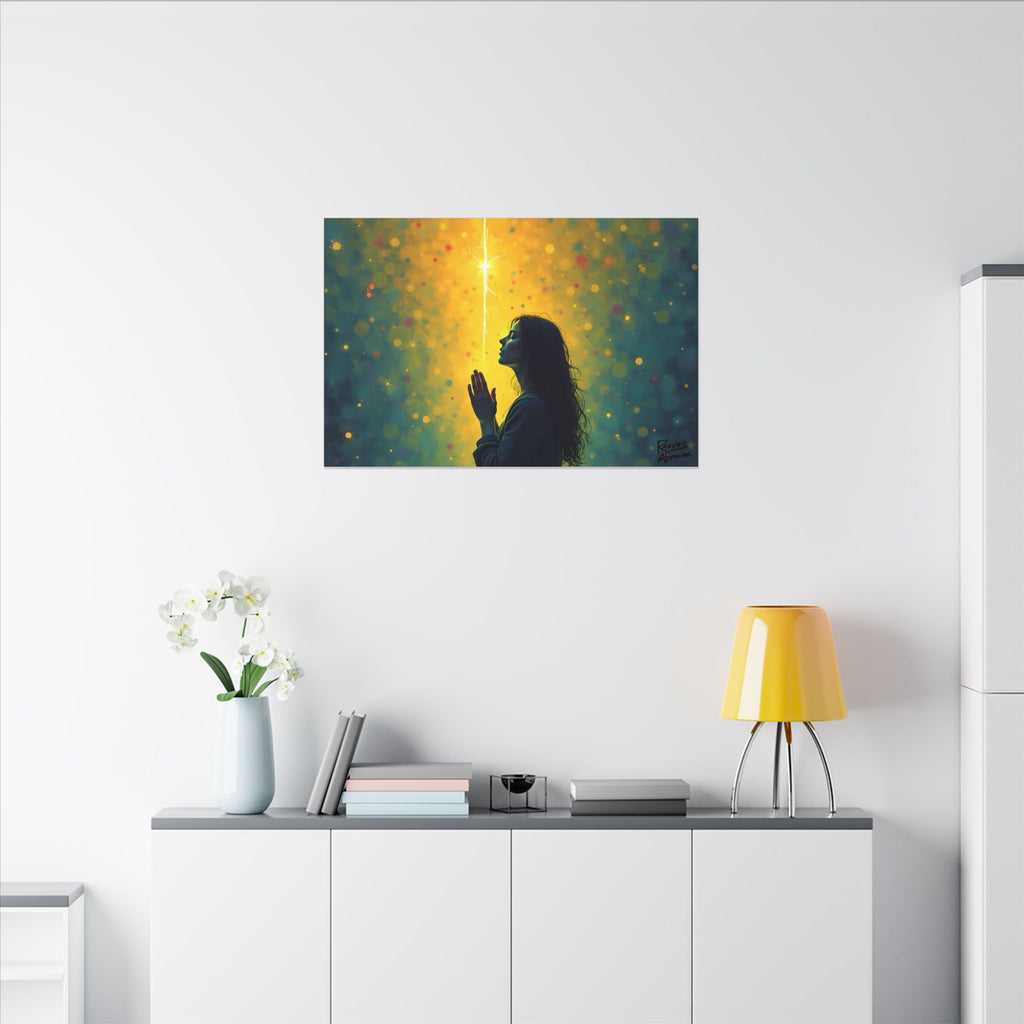 Woman in Prayer Under Magical Light | 36" x 24" Canvas (Horizontal) | Christian Pop Art | Faith Wall Decor