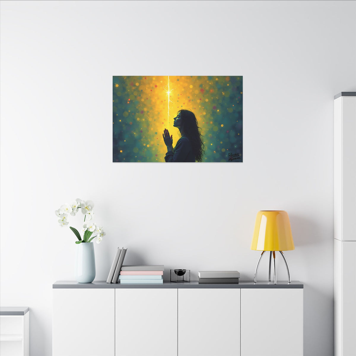 Woman in Prayer Under Magical Light | 36" x 24" Canvas (Horizontal) | Christian Pop Art | Faith Wall Decor