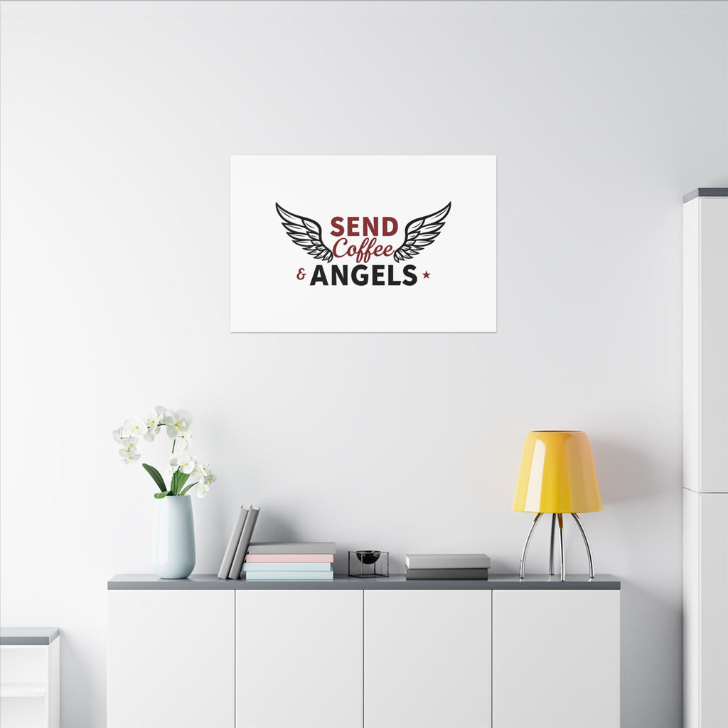 Send Coffee and Angels | 36" x 24" Canvas (Horizontal) | Christian Pop Art | Faith Wall Decor - Bringing Faith and Humor to Mornings