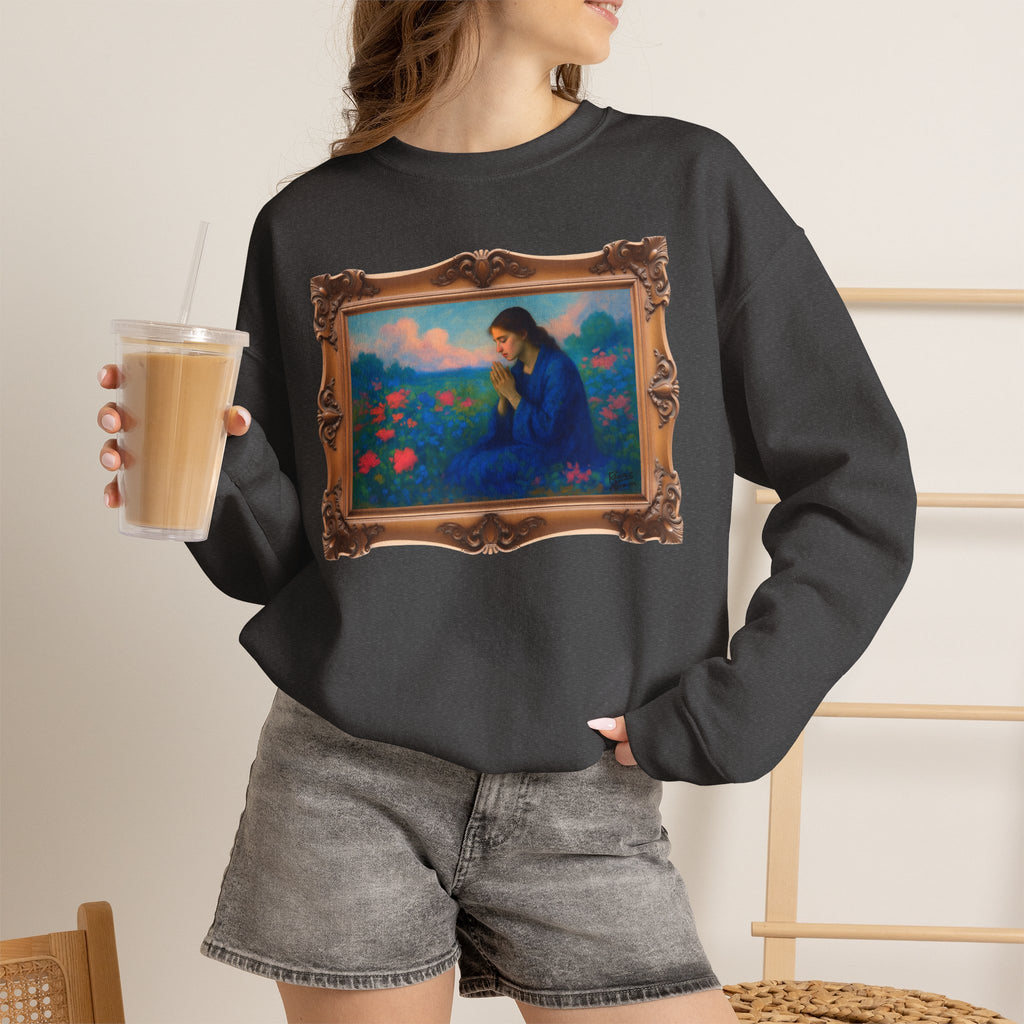 Praying Woman in Wildflowers - Framed | Crewneck Sweatshirt | Christian Art | Faith-Inspired