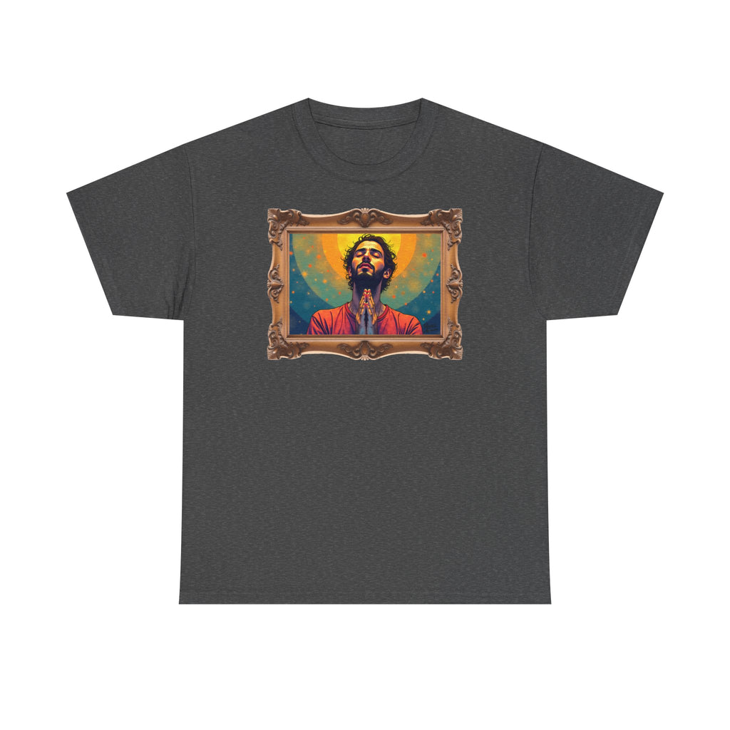 Praying Man - Serenity in Cosmic Light - Framed - T-Shirt | Religious Inspirational Tee, Prayer Artwork