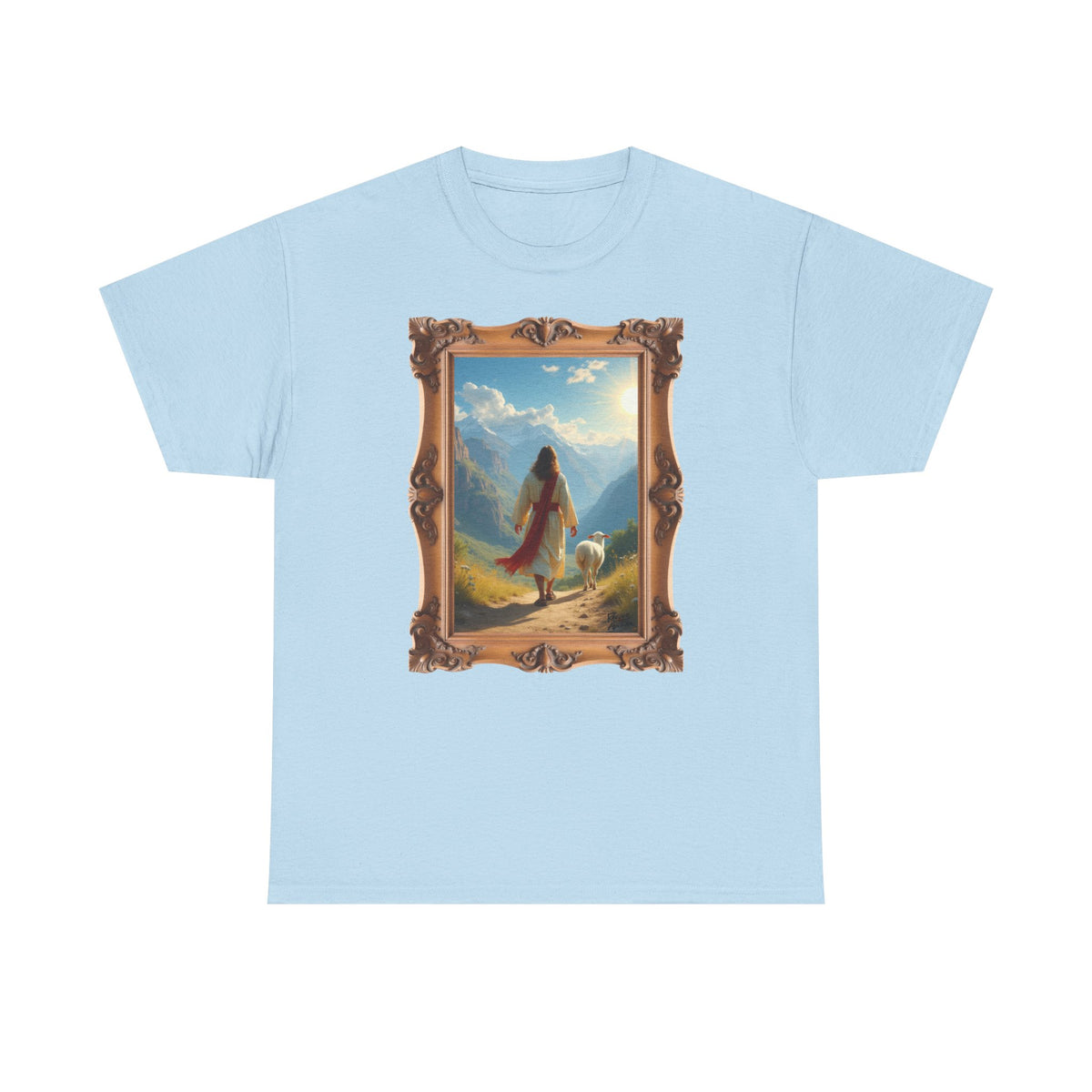 Jesus and the Lost Lamb - Framed - T-Shirt | Religious Inspirational Tee, Jesus in Bible Artwork