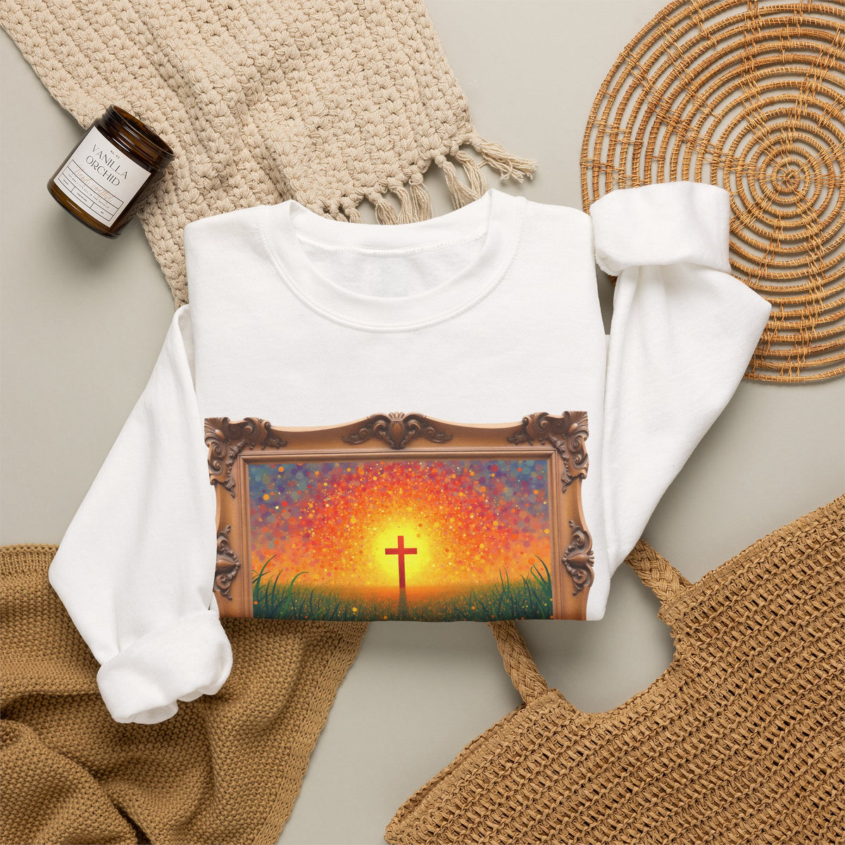 Glowing Cross in the Field - Framed - Crewneck Sweatshirt | Cross of Christ