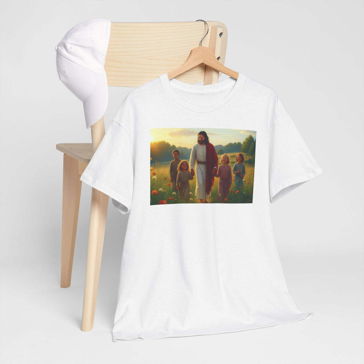 Jesus with Children in Wildflowers - T-Shirt | Religious Inspirational Tee, Prayer Artwork