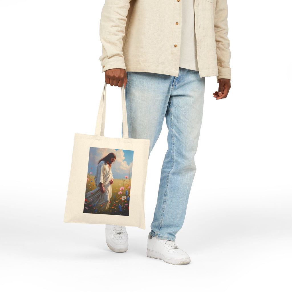 Jesus Among Wildflowers - Canvas Tote Bag - Christ Walking Prayerfully