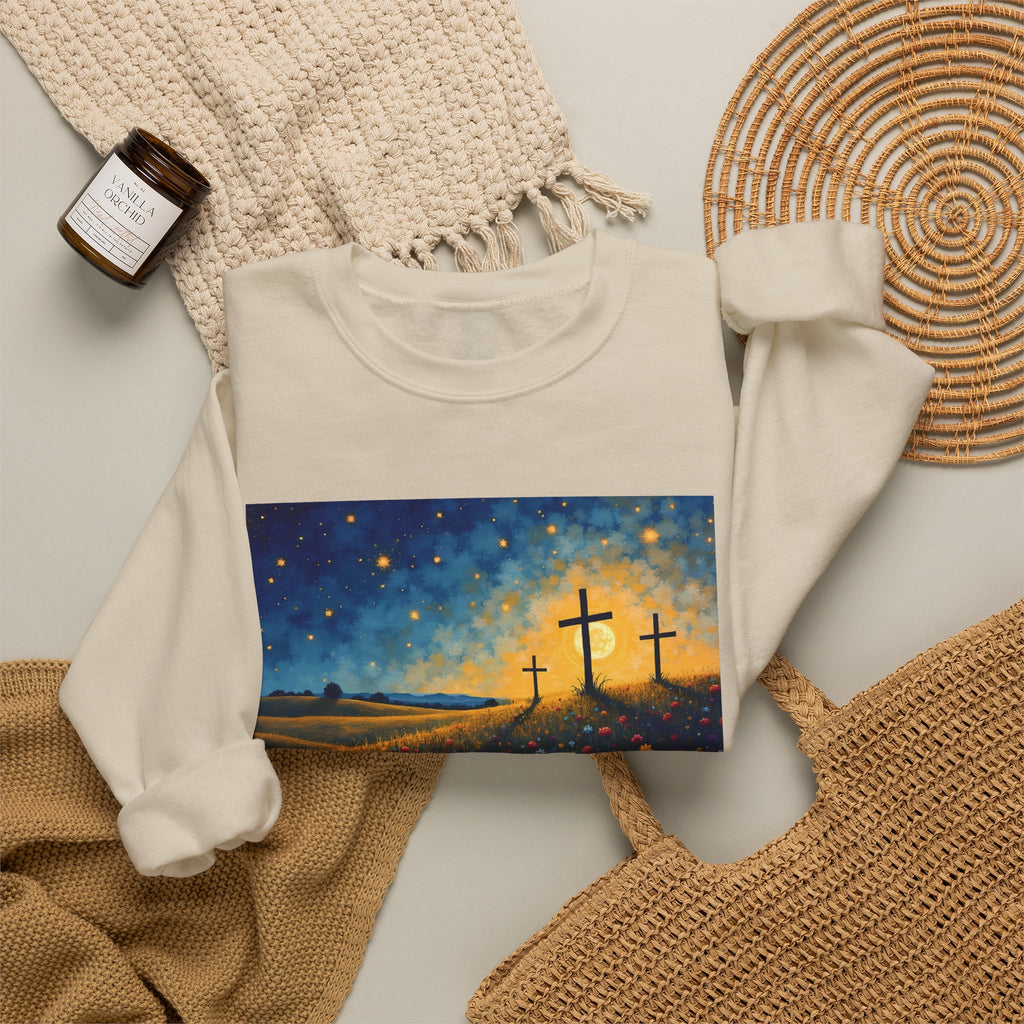 Three Crosses on Hill - Crewneck Sweatshirt | Bible Art