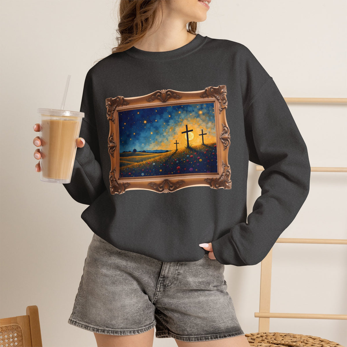 Three Crosses on Hill - Framed - Crewneck Sweatshirt | Bible Art
