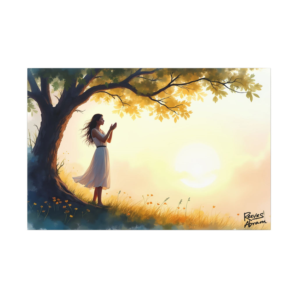 Woman's Sunrise Prayer in Nature | 36" x 24" Canvas (Horizontal) | Christian Wall Art | Faith Decor