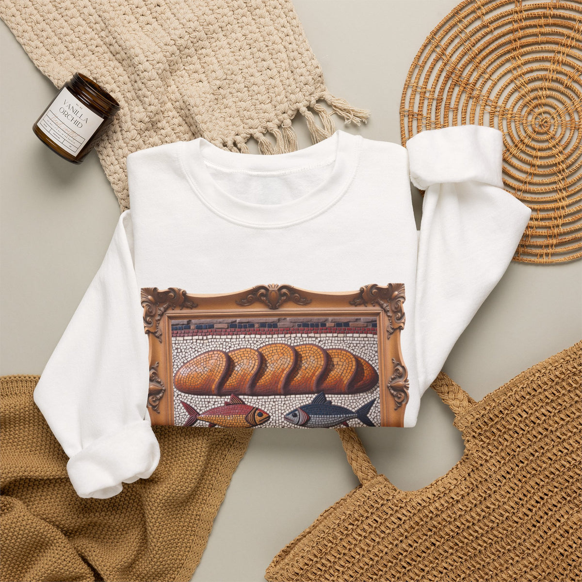 Five Loaves and Two Fish Mosaic - Framed - Crewneck Sweatshirt | Roman-Era-Inspired Christian Art