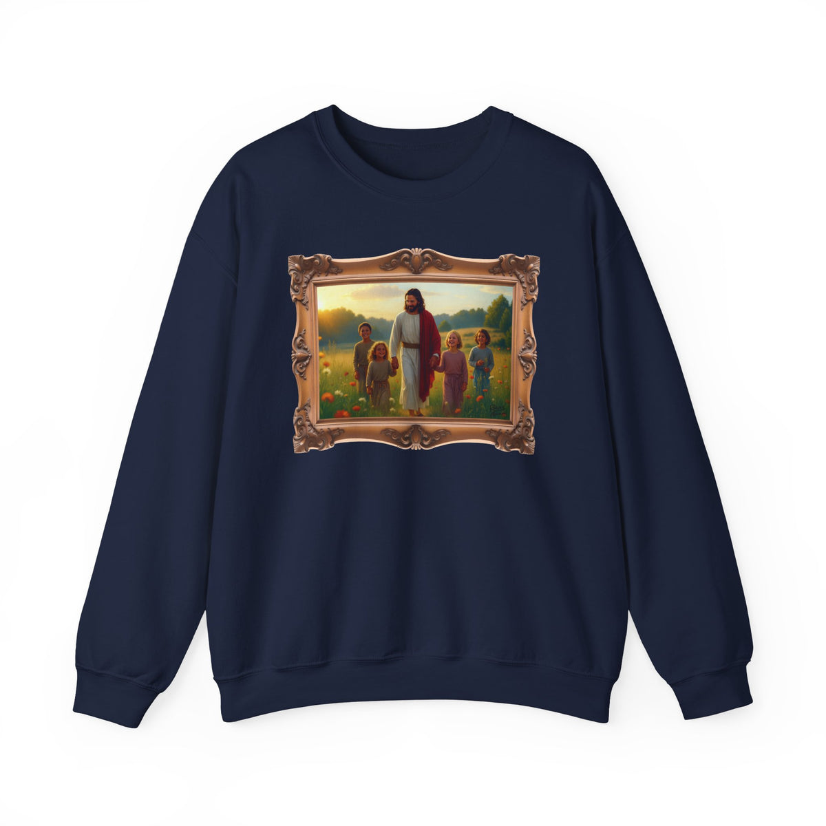 Jesus with Children in Wildflowers - Framed | Crewneck Sweatshirt | Christian Art | Faith-Inspired