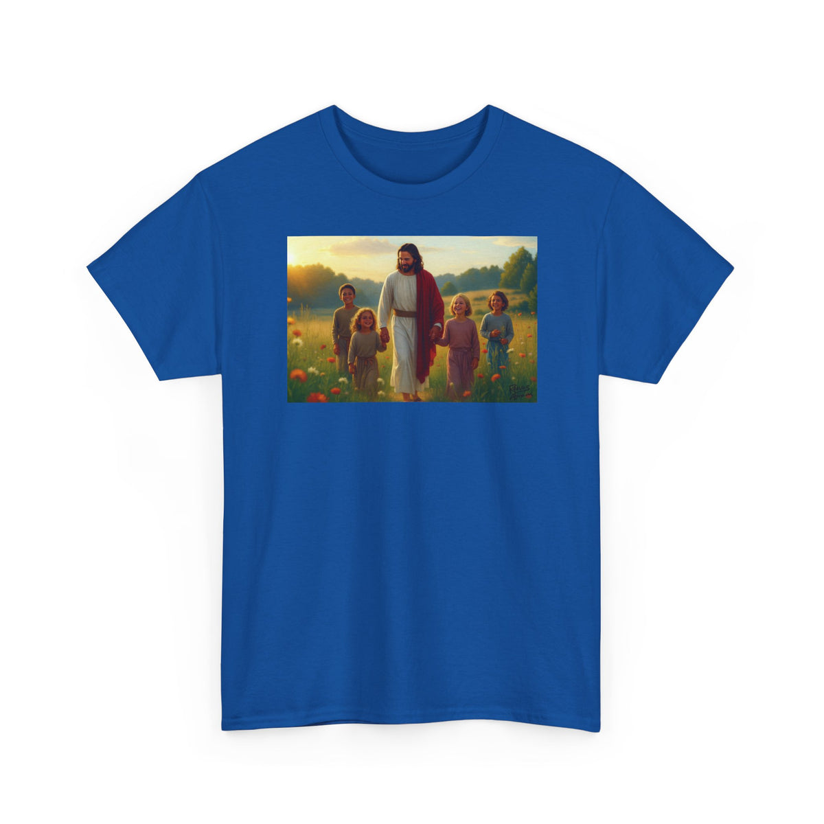 Jesus with Children in Wildflowers - T-Shirt | Religious Inspirational Tee, Prayer Artwork