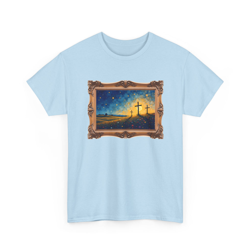 Three Crosses on Hill - Framed - T-Shirt | Religious Inspirational Tee, Jesus Faith Artwork