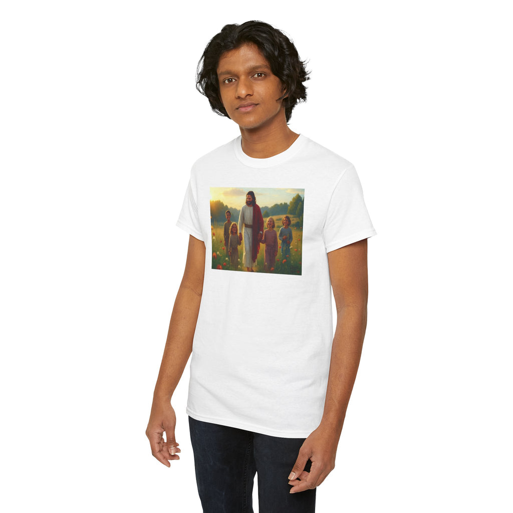 Jesus with Children in Wildflowers - T-Shirt | Religious Inspirational Tee, Prayer Artwork