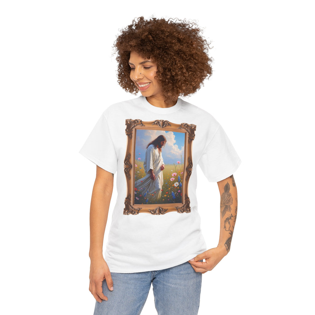 Jesus Among Wildflowers - Framed - T-Shirt | Religious Inspirational Tee | Christ Walking Prayerfully