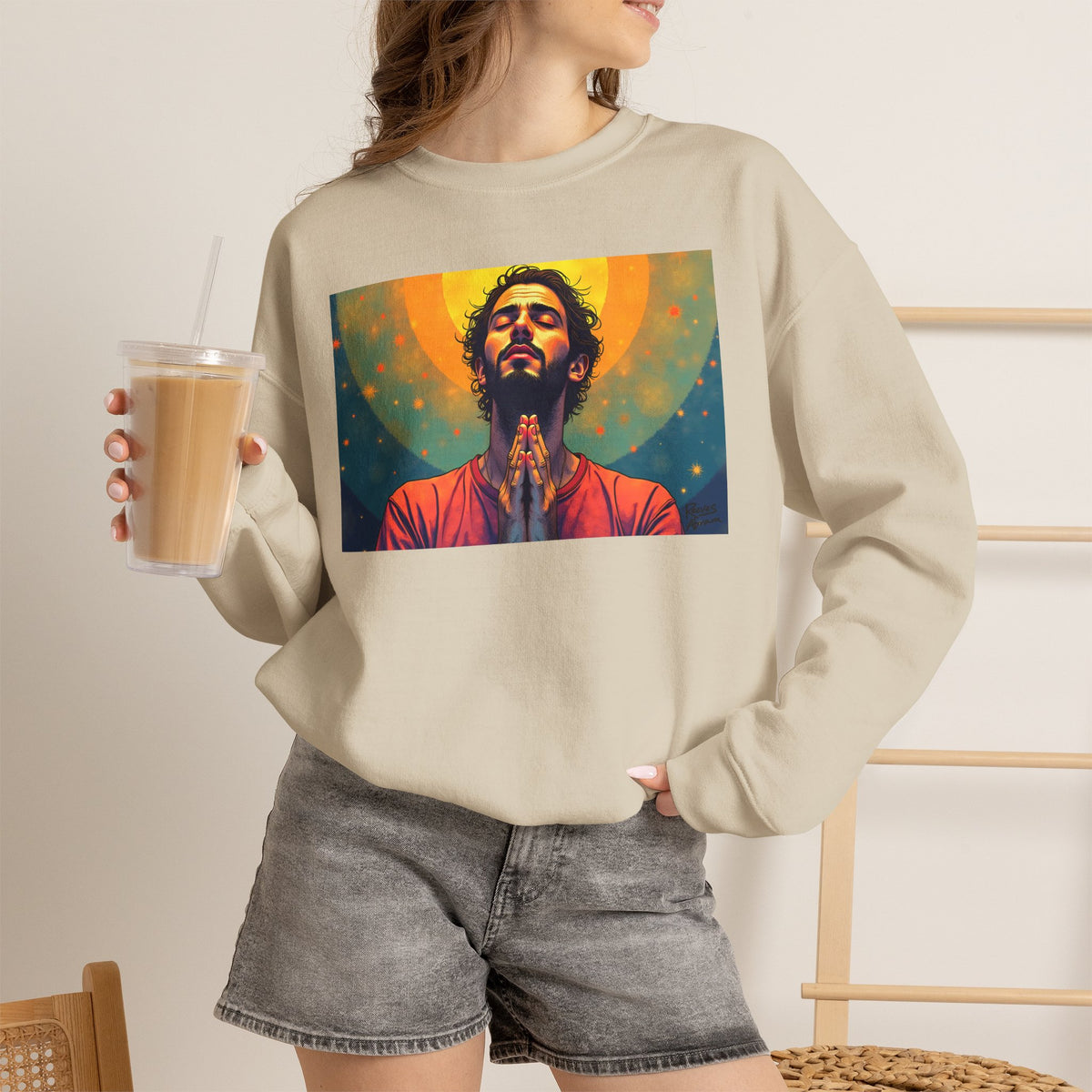 Praying Man - Serenity in Cosmic Light | Crewneck Sweatshirt | Christian Art | Faith-Inspired