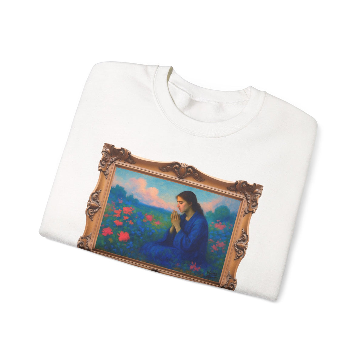 Praying Woman in Wildflowers - Framed | Crewneck Sweatshirt | Christian Art | Faith-Inspired