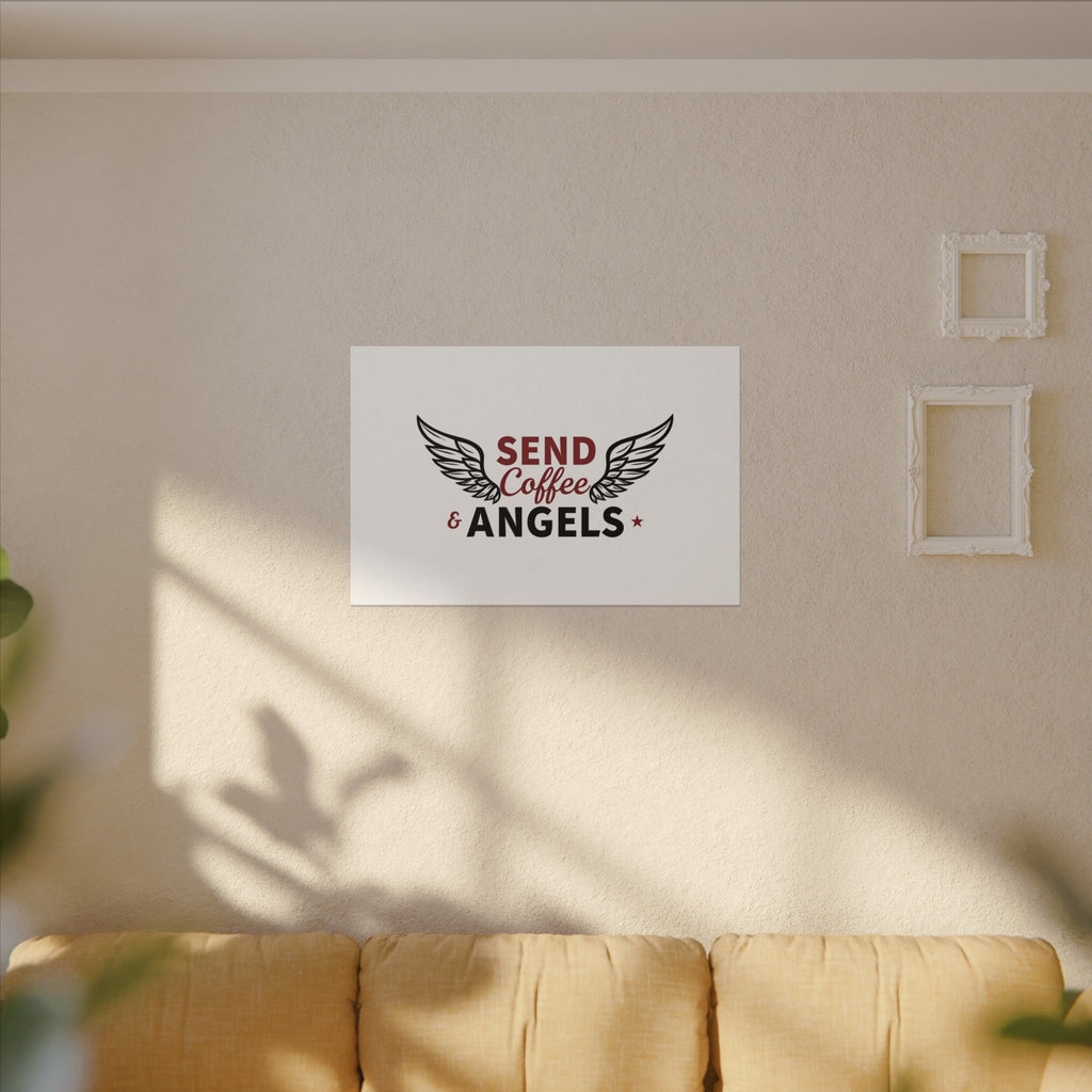 Send Coffee and Angels | 36" x 24" Canvas (Horizontal) | Christian Pop Art | Faith Wall Decor - Bringing Faith and Humor to Mornings