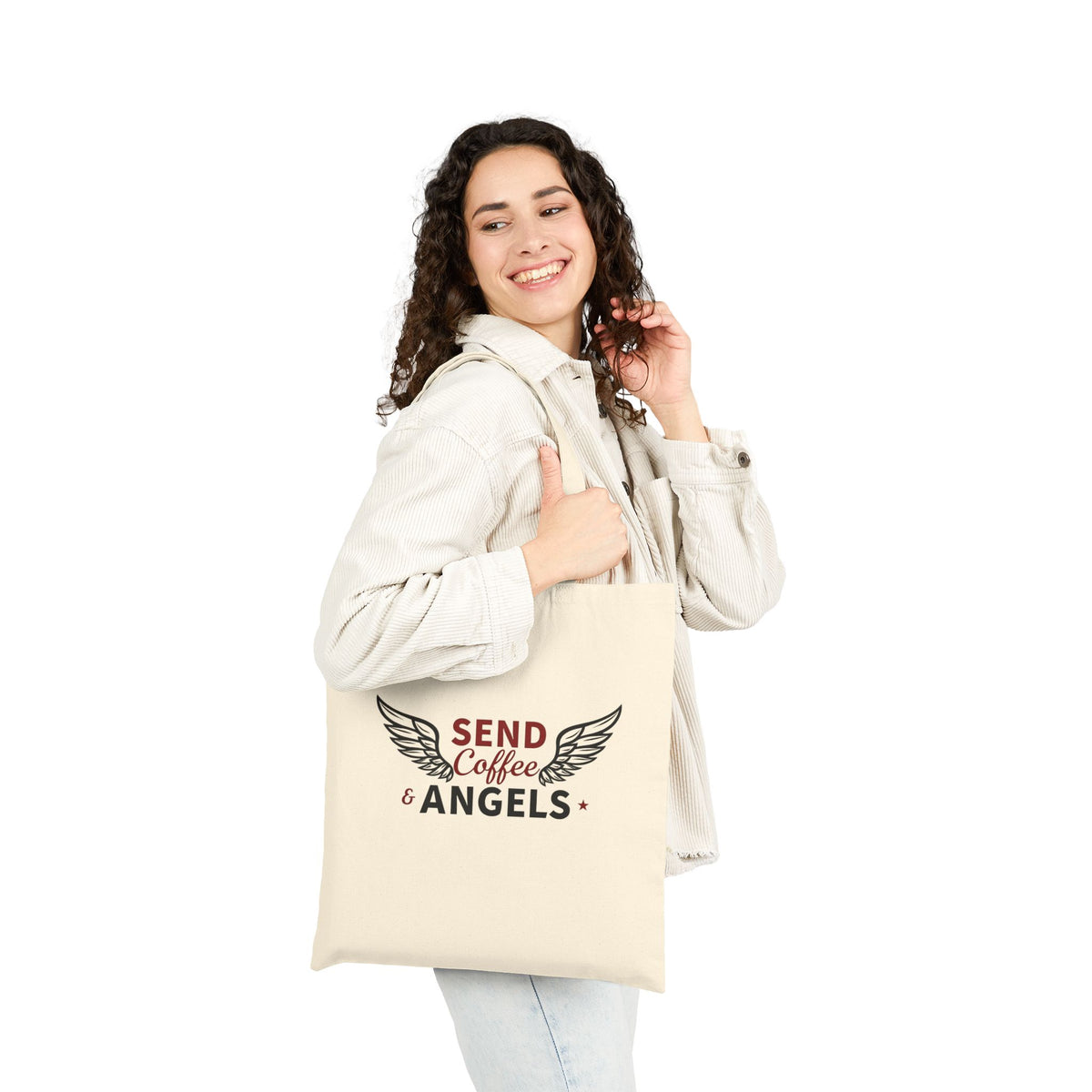 Send Coffee and Angels - Canvas Tote Bag - Bringing Faith and Humor to Mornings
