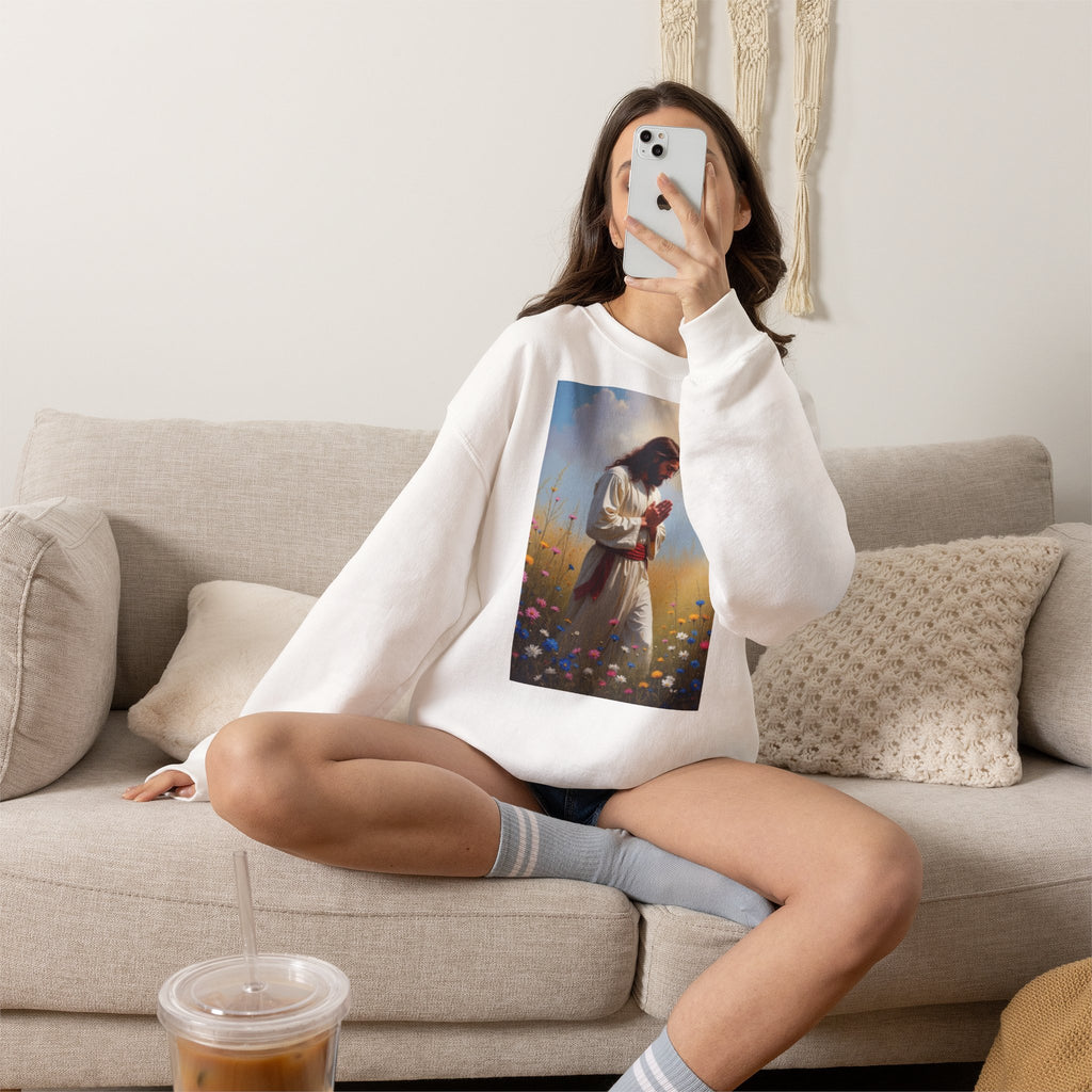Jesus Praying in Meadow - Crewneck Sweatshirt | Prayer Shirt