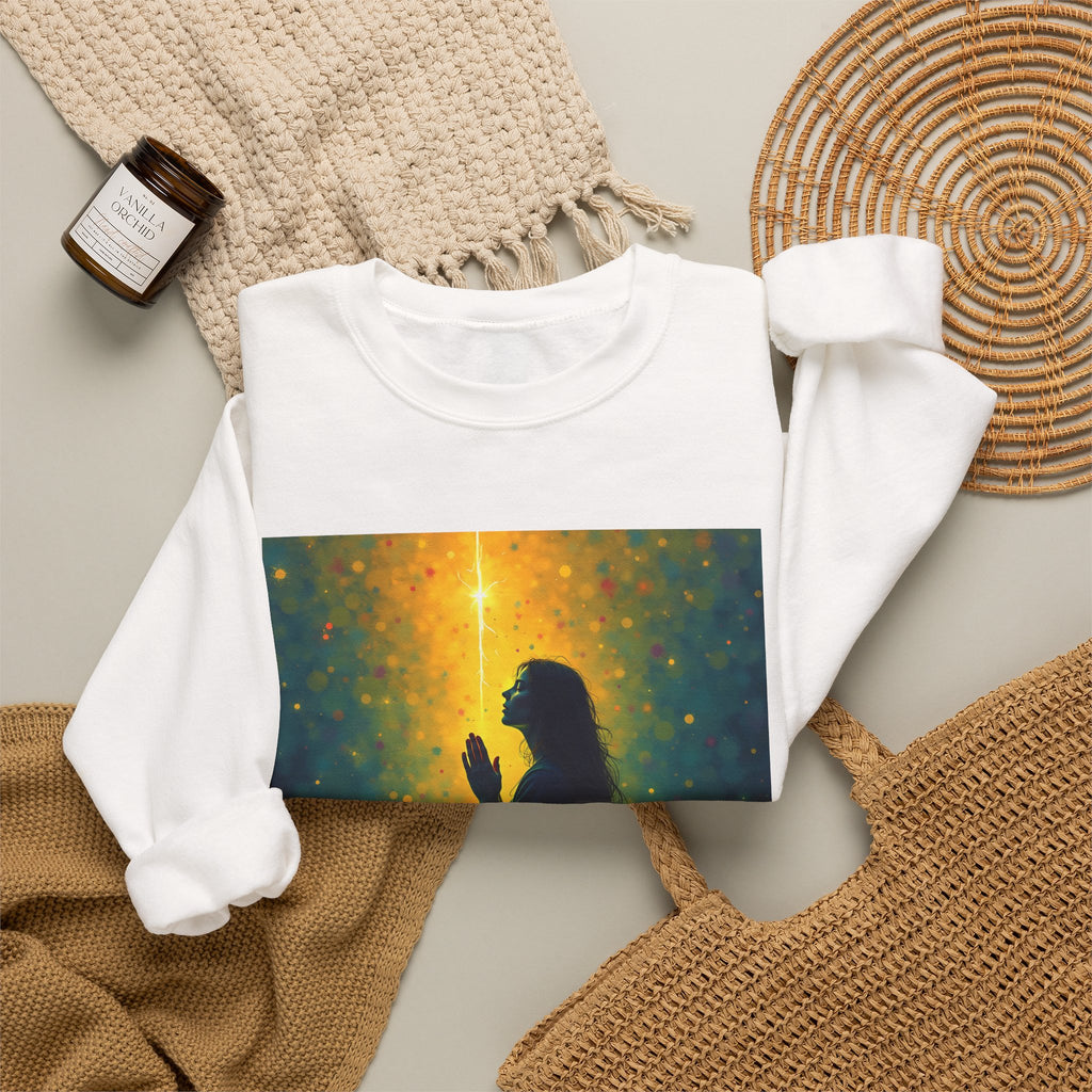 Woman in Prayer Under Magical Light - Crewneck Sweatshirt | Prayer Shirt