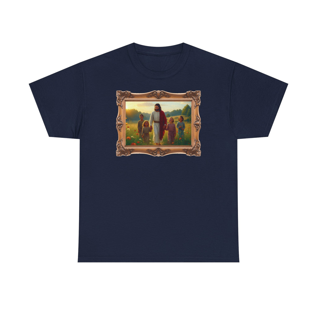 Jesus with Children in Wildflowers - Framed - T-Shirt | Religious Inspirational Tee, Prayer Artwork