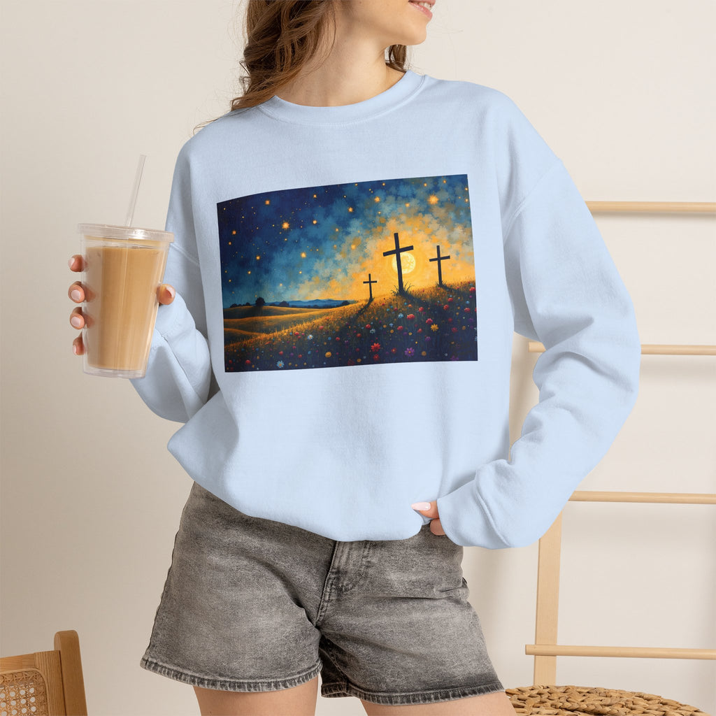 Three Crosses on Hill - Crewneck Sweatshirt | Bible Art