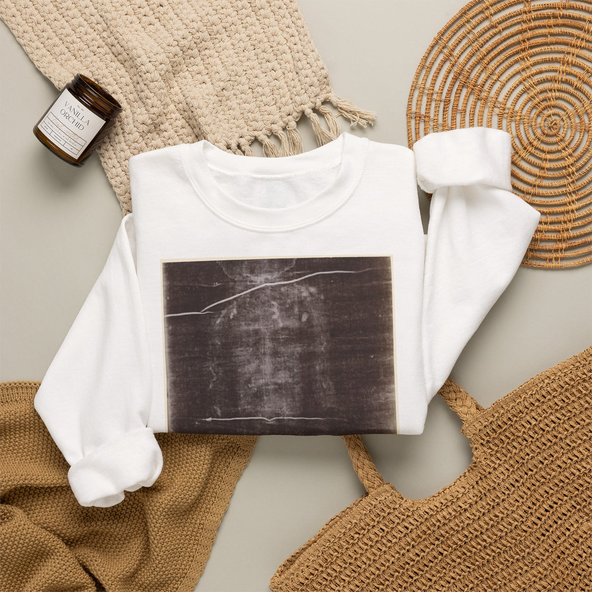 The Holy Face of Jesus - Shroud of Turin 1898 - Crewneck Sweatshirt | Secondo Pia Historic Photographic Negative - Vintage Christian Art