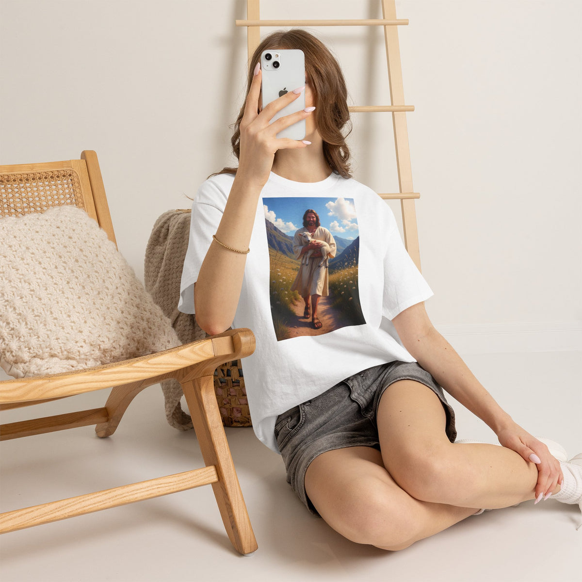 Jesus Carrying the Little Lamb - T-Shirt | Religious Inspirational Tee | The Good Shepherd Christian Art