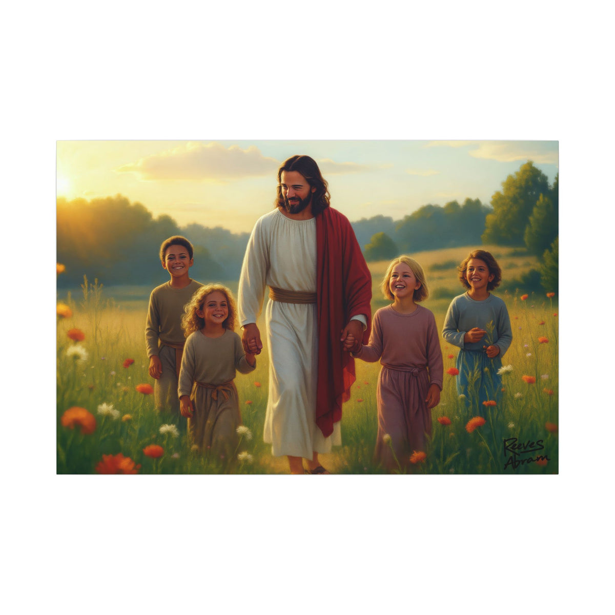 Jesus with Children in Wildflowers | 36" x 24" Canvas (Horizontal) | Christian Wall Art