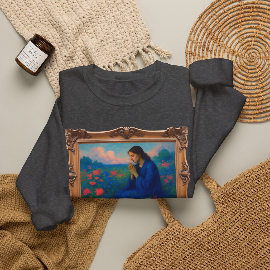 Praying Woman in Wildflowers - Framed | Crewneck Sweatshirt | Christian Art | Faith-Inspired