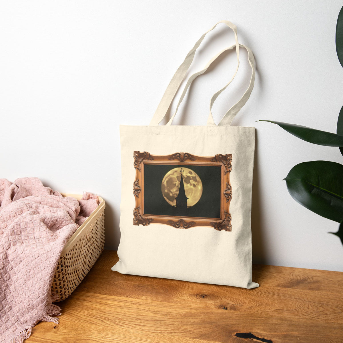 Moonlit Church Steeple - Framed - Canvas Tote Bag - Beauty of the Night Sky