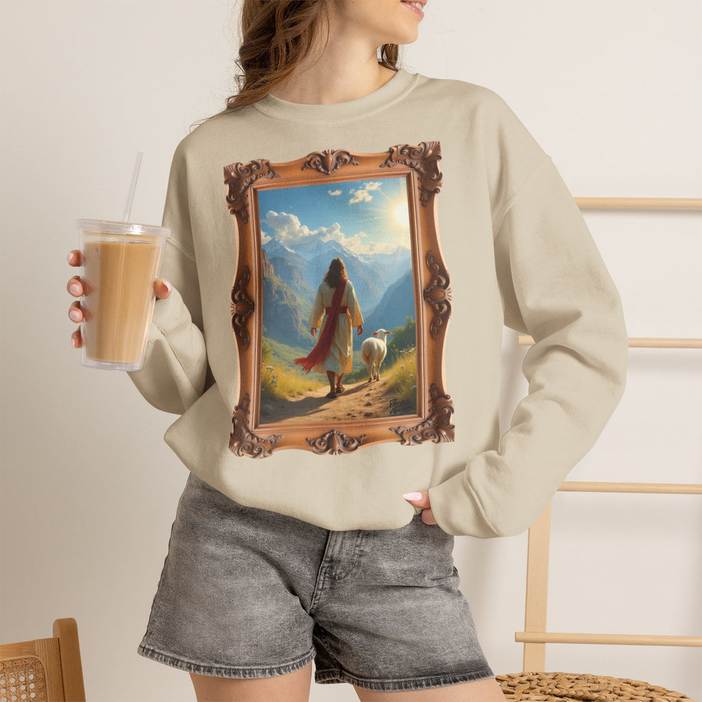 Jesus and the Lost Lamb - Framed | Crewneck Sweatshirt | Christian Art | Faith-Inspired