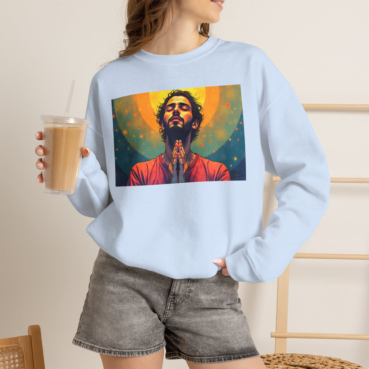 Praying Man - Serenity in Cosmic Light | Crewneck Sweatshirt | Christian Art | Faith-Inspired