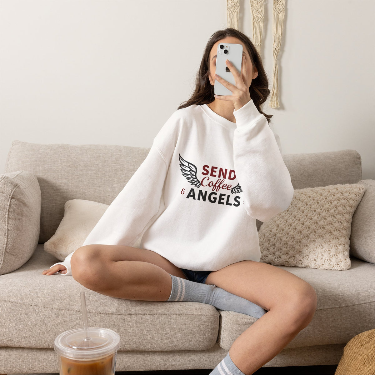 Send Coffee and Angels - Crewneck Sweatshirt | Bringing Faith and Humor to Mornings