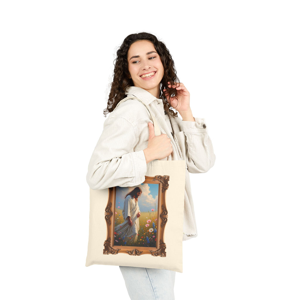Jesus Among Wildflowers - Framed - Canvas Tote Bag - Christ Walking Prayerfully