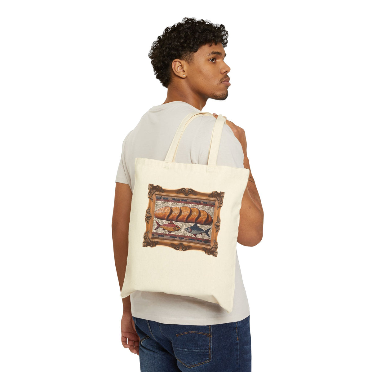 Five Loaves and Two Fish Mosaic - Framed - Canvas Tote Bag - Roman-Era-Inspired Christian Art