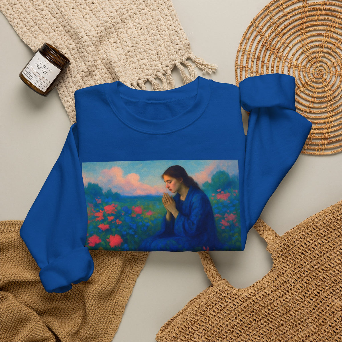 Praying Woman in Wildflowers | Crewneck Sweatshirt | Christian Art | Faith-Inspired