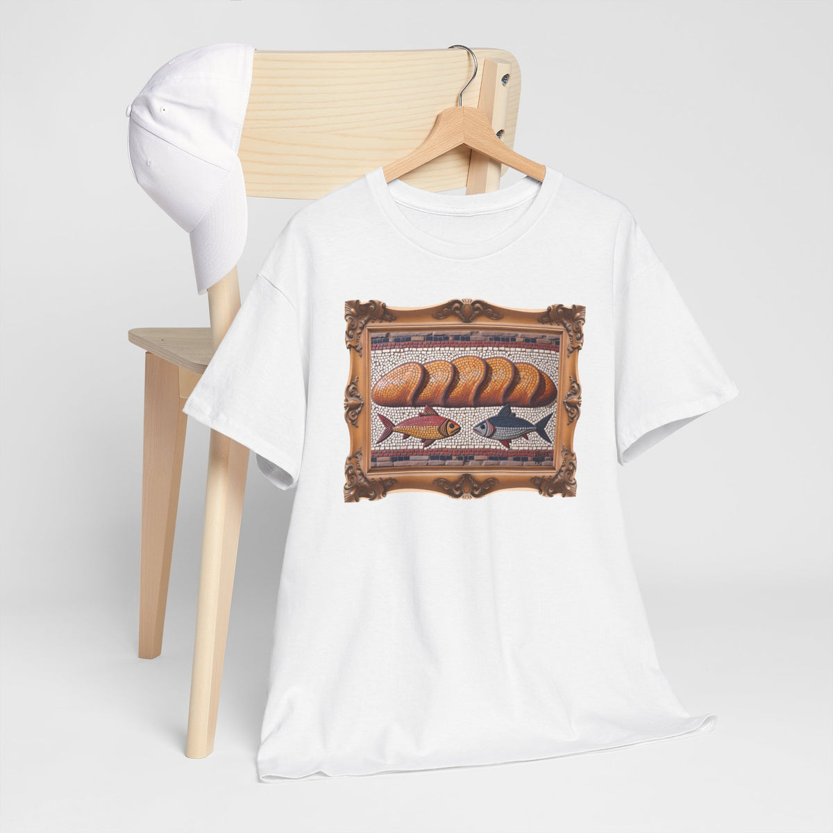 Five Loaves and Two Fish Mosaic - Framed - T-Shirt | Religious Inspirational Tee | Roman-Era-Inspired Christian Art