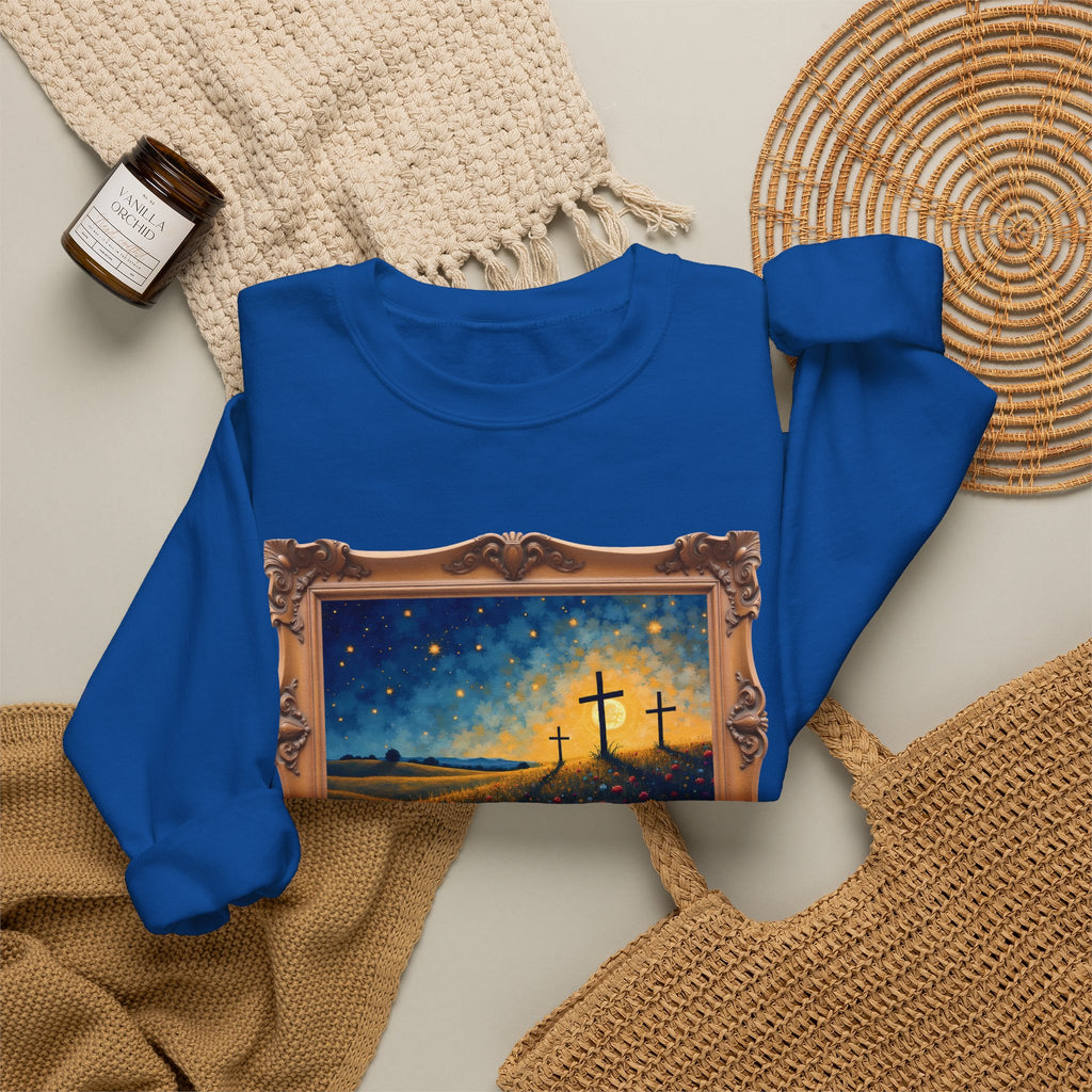 Three Crosses on Hill - Framed - Crewneck Sweatshirt | Bible Art