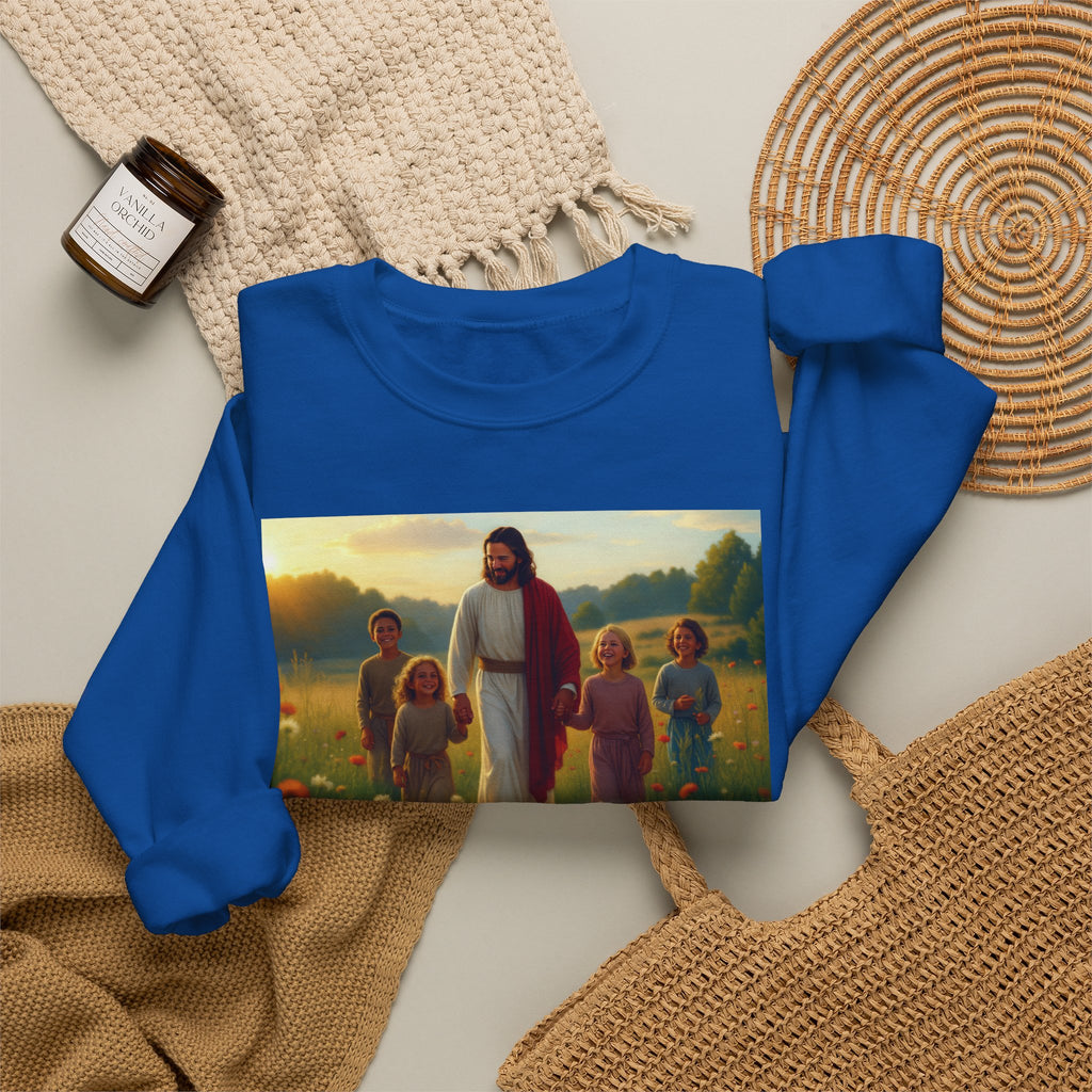 Jesus with Children in Wildflowers | Crewneck Sweatshirt | Christian Art | Faith-Inspired