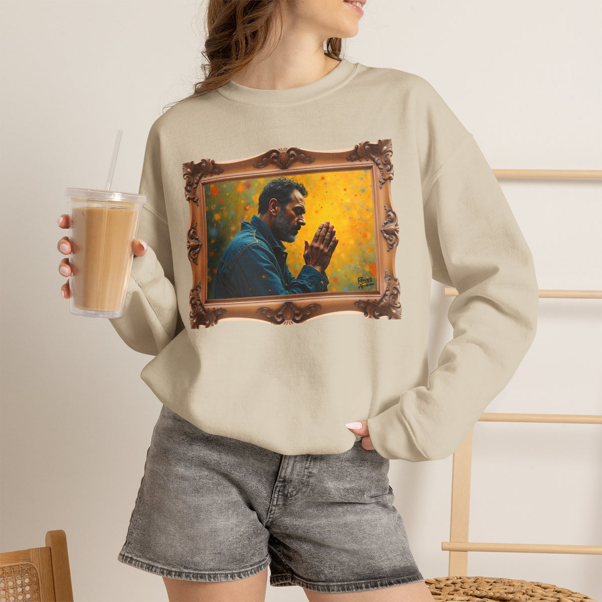 Man in Prayer - Framed | Crewneck Sweatshirt | Christian Art | Faith-Inspired